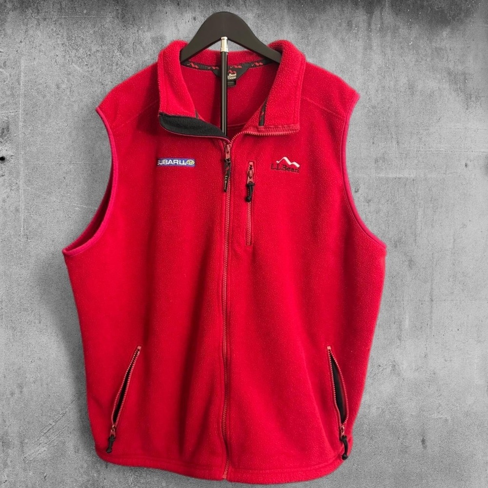 Vintage L.L.Bean made in the USA red fleece vest with Subaru logo, size XL